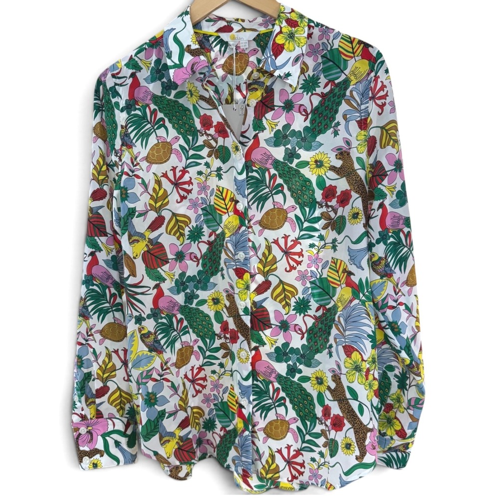 Boden NWT 100% Silk Button Down Shirt 8 Tropical Animal Print Multi Maximalist